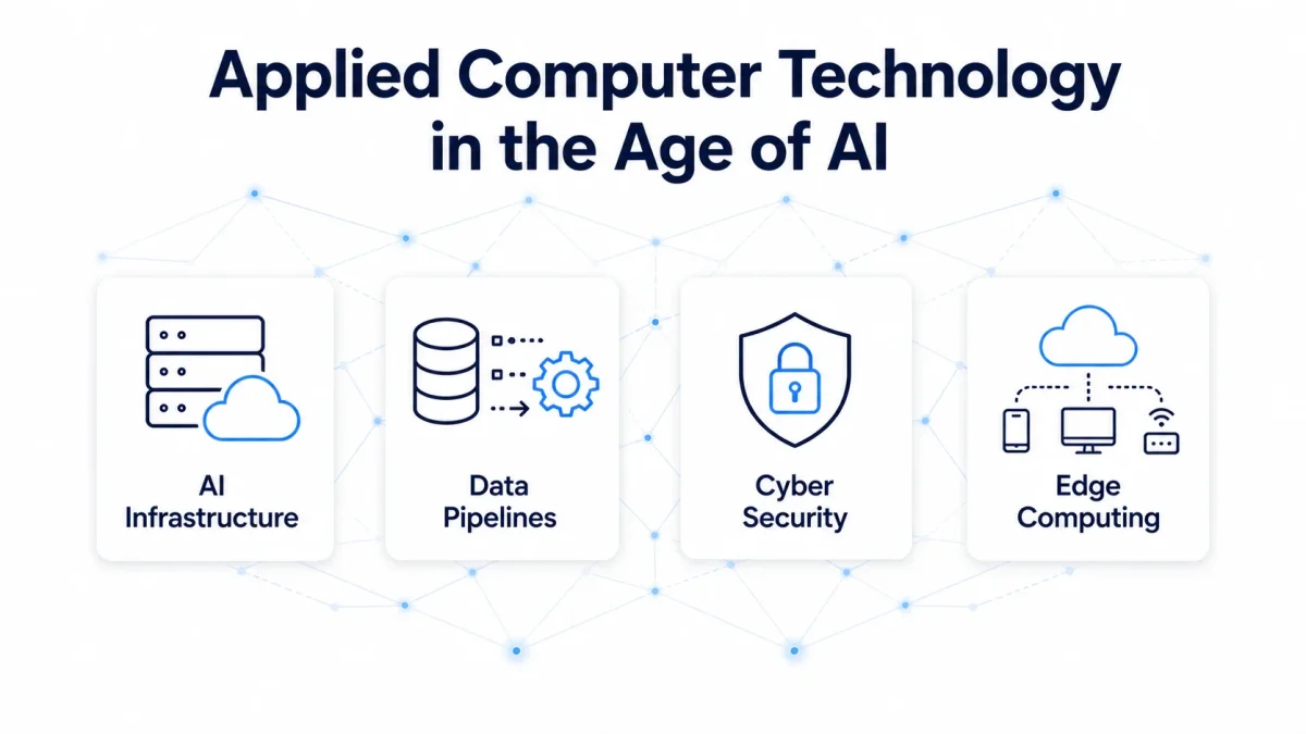 An infographic titled "Applied Computer Technology in the Age of AI" featuring icons for AI Infrastructure, Data Pipelines, Cyber Security, and Edge Computing.