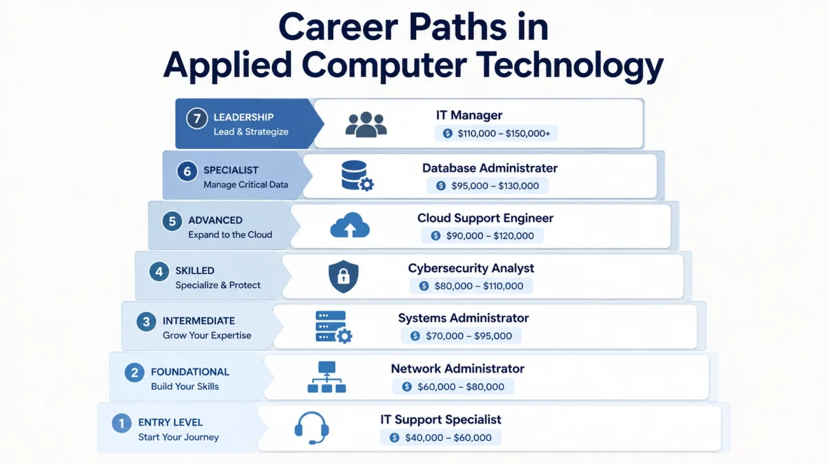A 4-step infographic detailing the career progression in Applied Computer Technology, including education, skill development, internships, and professional employment.