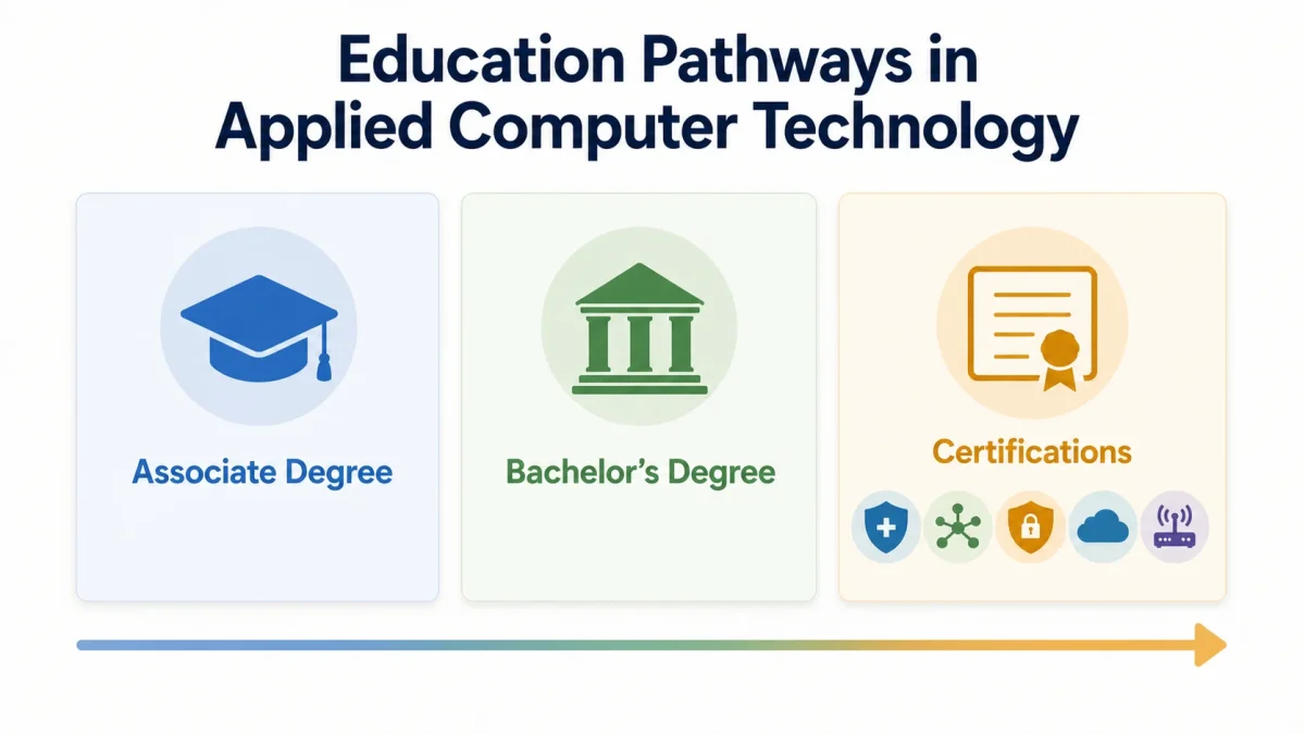 An infographic showing the interdisciplinary framework of Applied Computer Technology, connecting business, engineering, and design to core IT systems.