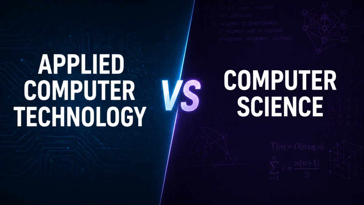 A comparison graphic of Applied Computer Technology vs Computer Science, featuring technical background elements and mathematical formulas.