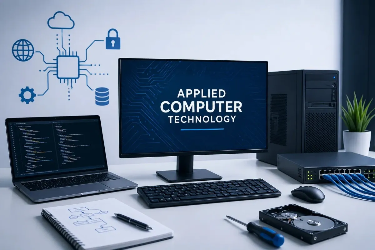 An infographic listing the benefits of studying Applied Computer Technology, including high demand, versatile career paths, and hands-on learning.