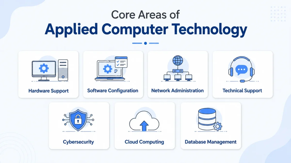 An infographic illustrating the core areas of Applied Computer Technology, including hardware support, software configuration, network administration, technical support, cybersecurity, cloud computing, and database management.