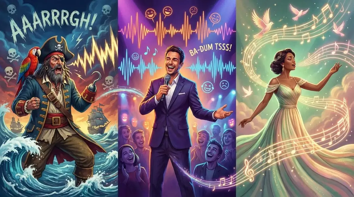 A comparison of three distinct characters representing different vocal styles: a furious pirate shouting against a stormy background (left), a happy singer with a microphone and a "BA-DUM TSSS!" soundwave (center), and an angelic singer with musical notes and doves (right), satirizing the concept of a Darth Vader AI voice.