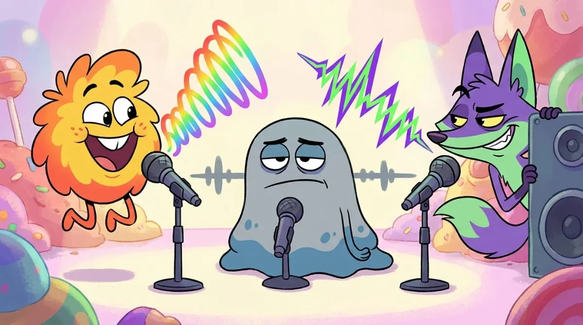 A humorous cartoon illustration showing an unhappy grey blob character using a microphone with a boring flat line soundwave, contrasted with an energetic orange monster producing a colorful rainbow soundwave. A green fox is smirking nearby, satirizing a Darth Vader AI voice.