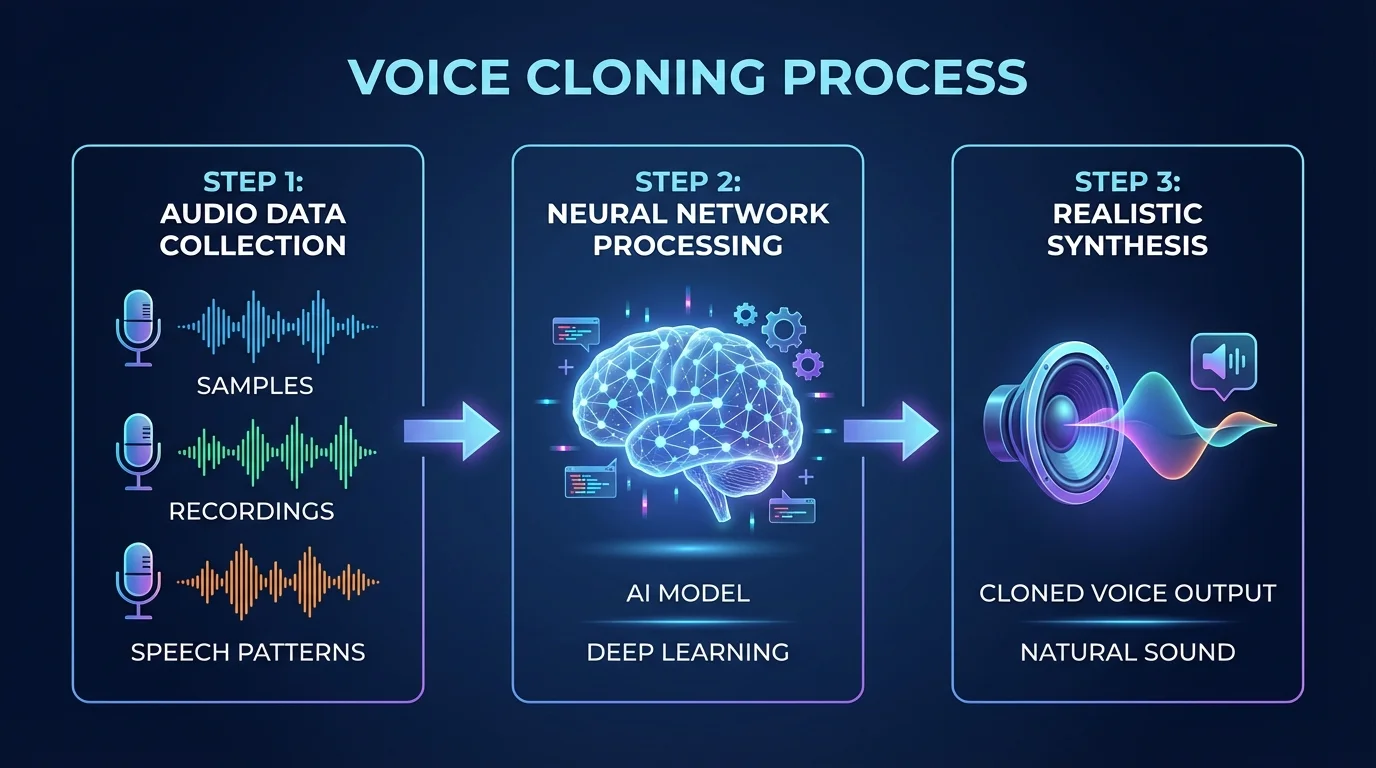 A multi-step infographic diagram titled "VOICE CLONING PROCESS," explaining the flow from step 1: data collection (using samples from Darth Vader AI Voice performance), to step 2: neural network processing (utilizing deep learning), and concluding with step 3: realistic synthesis for the final cloned voice output.