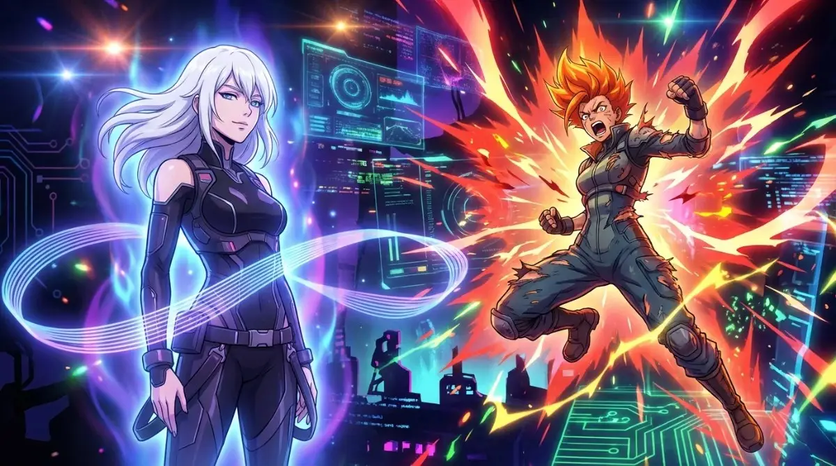An anime-style illustration comparing two characters against a futuristic cyberpunk city background with data screens: one composed of serene blue light and technical data streams (representing the AI voice), and the other an aggressive warrior exploding with red fire (representing the raw performance), satirizing the contrast in Darth Vader's AI voice.
