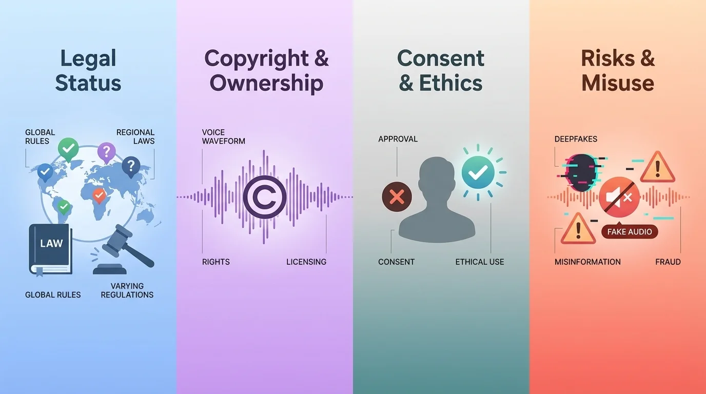 professional infographic titled "Legal Status," "Copyright & Ownership," "Consent & Ethics," and "Risks & Misuse," detailing the regulatory framework and ethical considerations surrounding the use of a Darth Vader AI voice.
