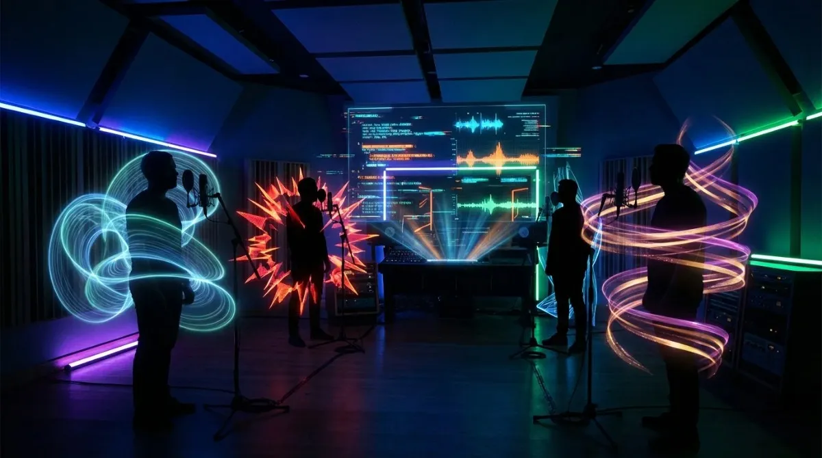 A futuristic recording studio featuring three vocalists at microphones, each surrounded by unique glowing light trails representing different audio textures, with a large digital screen in the background displaying complex soundwaves and code for Darth Vader AI voice generation.