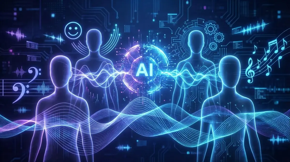 A technical digital visualization featuring four glowing humanoid silhouettes connected by flowing blue audio waves to a central AI core, surrounded by musical notes and frequency bars to represent Darth Vader AI voice cloning.