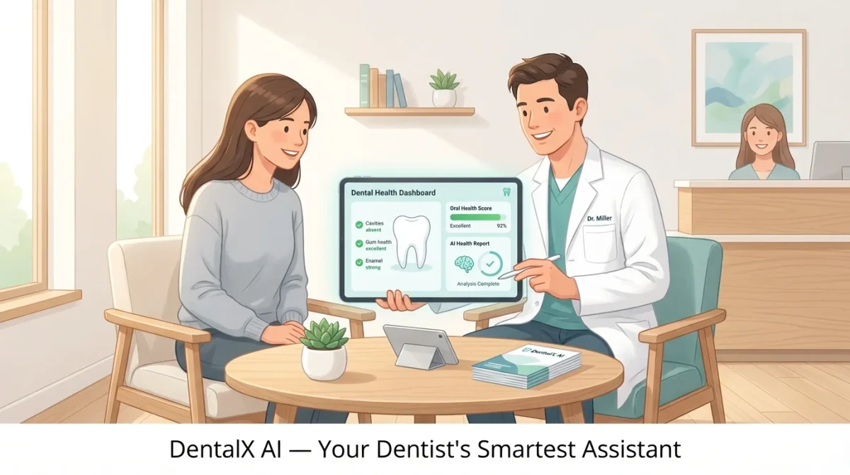 An illustration of a dentist, Dr. Miller, showing a female patient a "Dental Health Dashboard" on a tablet. The screen displays an AI Health Report with high scores for oral health, absent cavities, and strong enamel, powered by DentalX AI Dentistry Company