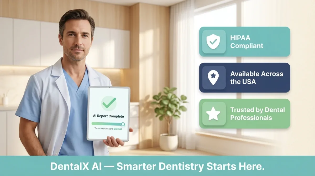 A professional male dentist in a white lab coat holding a digital tablet that displays "AI Report Complete" with an optimal tooth health score. To the right, three icons highlight key brand pillars: HIPAA Compliant, Available Across the USA, and Trusted by Dental Professionals.