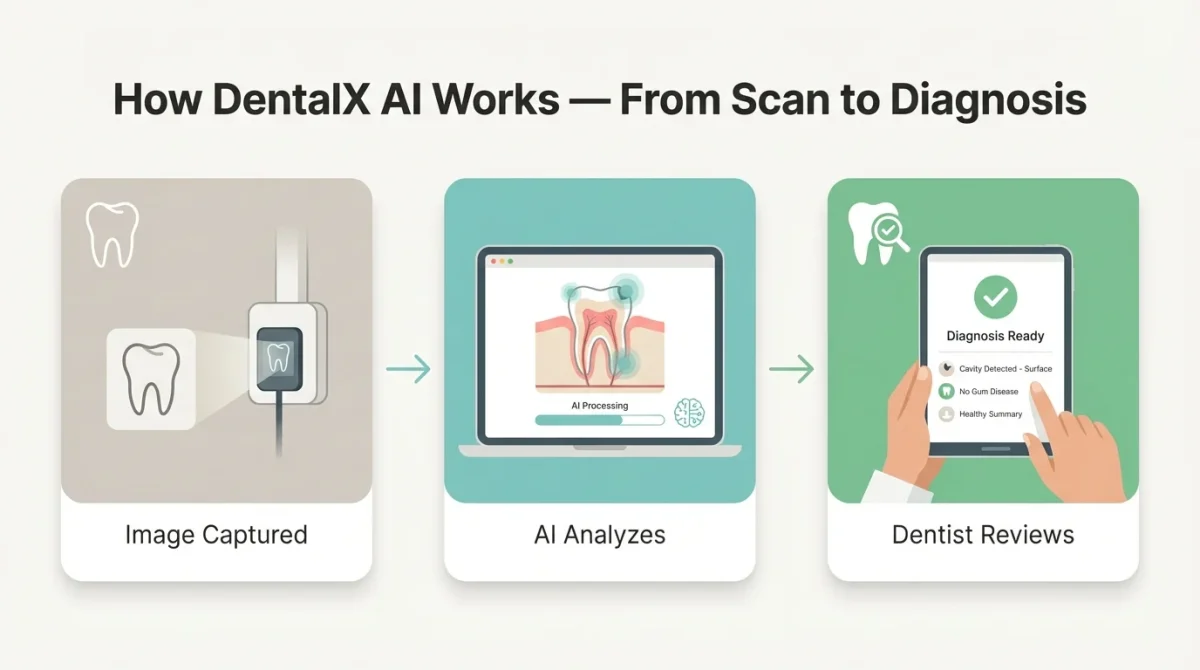 A three-step process infographic for DentalX AI Dentistry Company: 1. Image Captured (X-ray), 2. AI Analyzes (software processing on a laptop), and 3. Dentist Reviews (results on a tablet showing cavity detection and healthy summary).