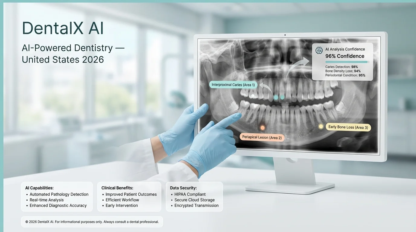 A dentist in a clinic reviewing digital dental X-rays on a large screen with colorful AI overlays highlighting potential issues. The interface shows "DentalX AI" software assisting in clinical diagnosis. DentalX AI Dentistry Company
