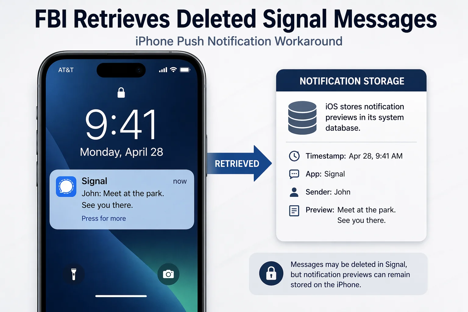An investigative conceptual graphic featuring the An investigative conceptual graphic featuring the FBI logo alongside a smartphone displaying secure Signal messaging icons, illustrating the technical challenges of digital forensic recovery for deleted encrypted messages. logo alongside a smartphone displaying secure Signal messaging icons, illustrating the technical challenges of digital forensic recovery for deleted encrypted messages.