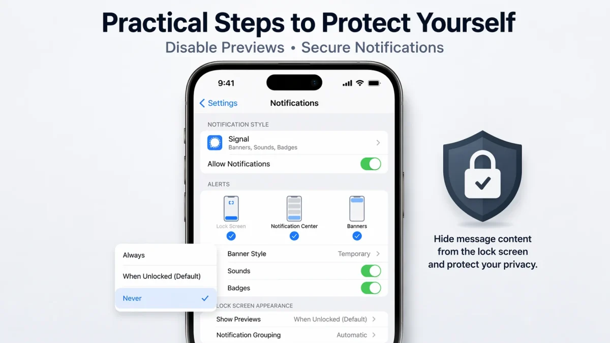 An educational infographic titled FBI Retrieves Deleted Signal Messages: iPhone Push Notification Workaround, explaining how iOS stores notification previews in a system database even after messages are deleted within the Signal app.