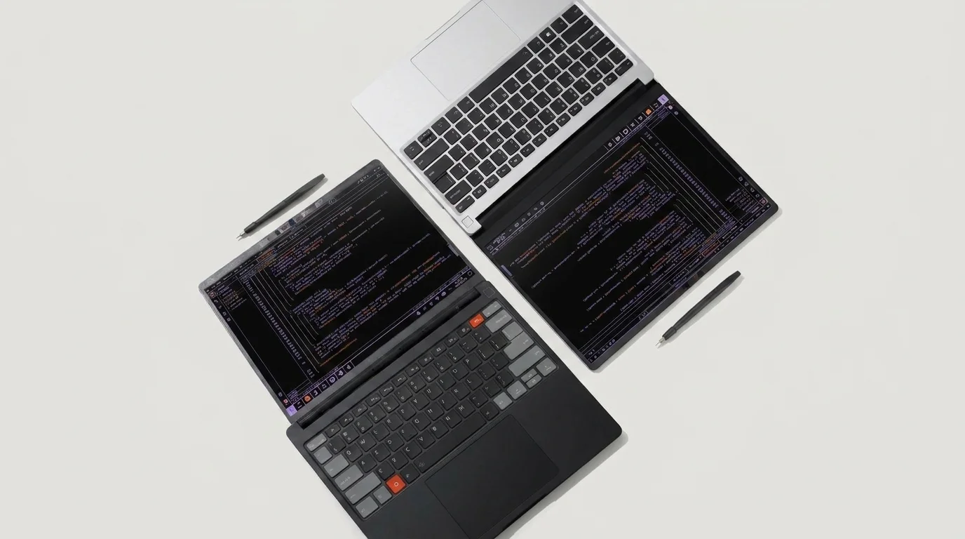 An isometric view of the Framework Laptop 13 Pro in the new Graphite colorway. The image shows the 13.5-inch 2.8K touchscreen display, the redesigned CNC aluminum chassis, and a close-up of the expansion card system. A stylized "Pro" label sits in the corner, highlighting the 2026 Panther Lake refresh.