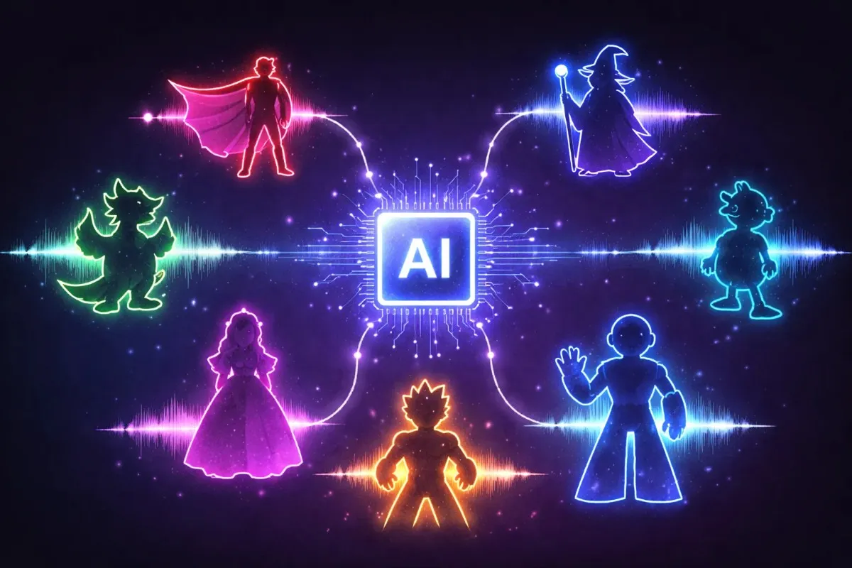 A digital infographic featuring a central glowing AI processor chip connected to various neon character silhouettes, including a wizard, a superhero, and a princess, representing the diverse character options available in a free AI voice generator.