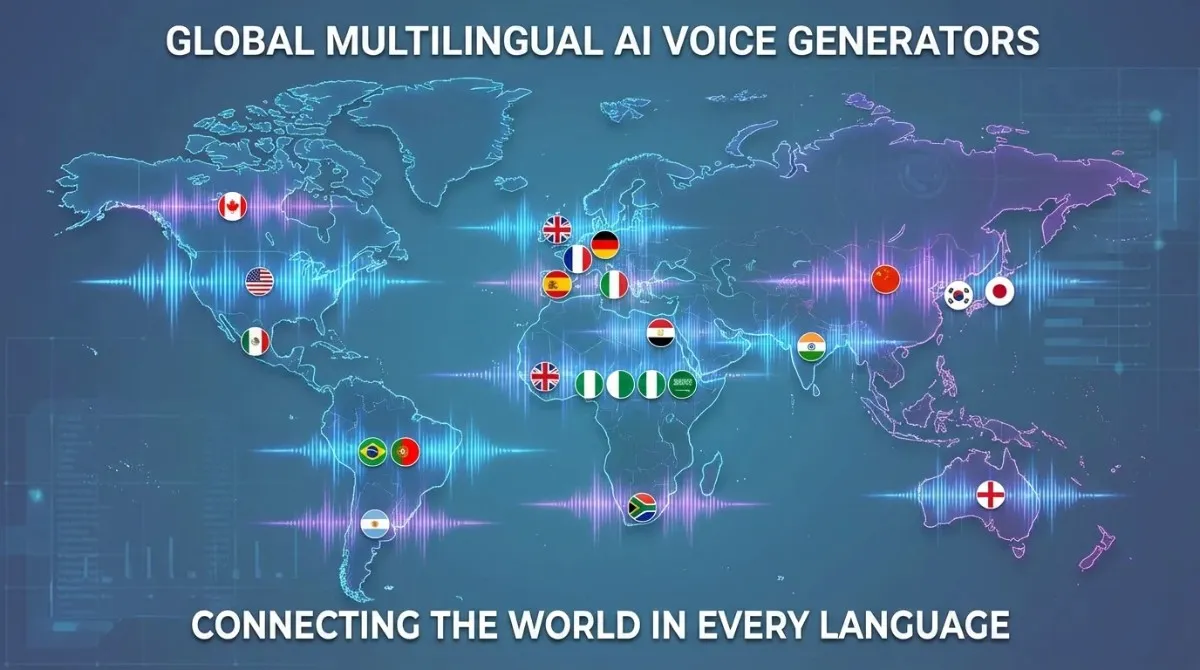 A world map titled "Global Multilingual AI Voice Generators" with various national flags and glowing soundwaves spanning every continent, illustrating the wide linguistic reach of a free AI voice generator.