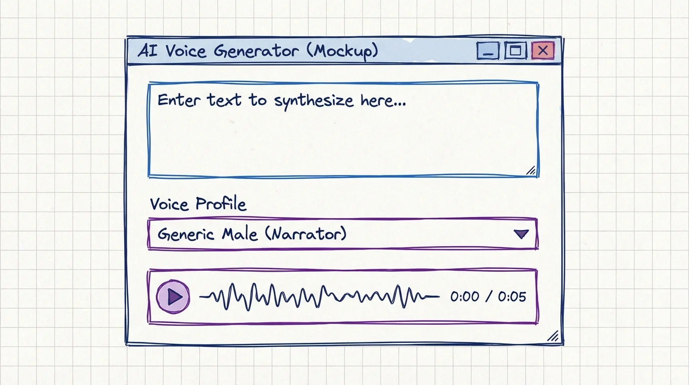 A hand-drawn style digital mockup of a free AI voice generator interface on grid paper. It features a text input box, a voice profile dropdown menu selecting "Generic Male (Narrator)," and a play button with an audio waveform.