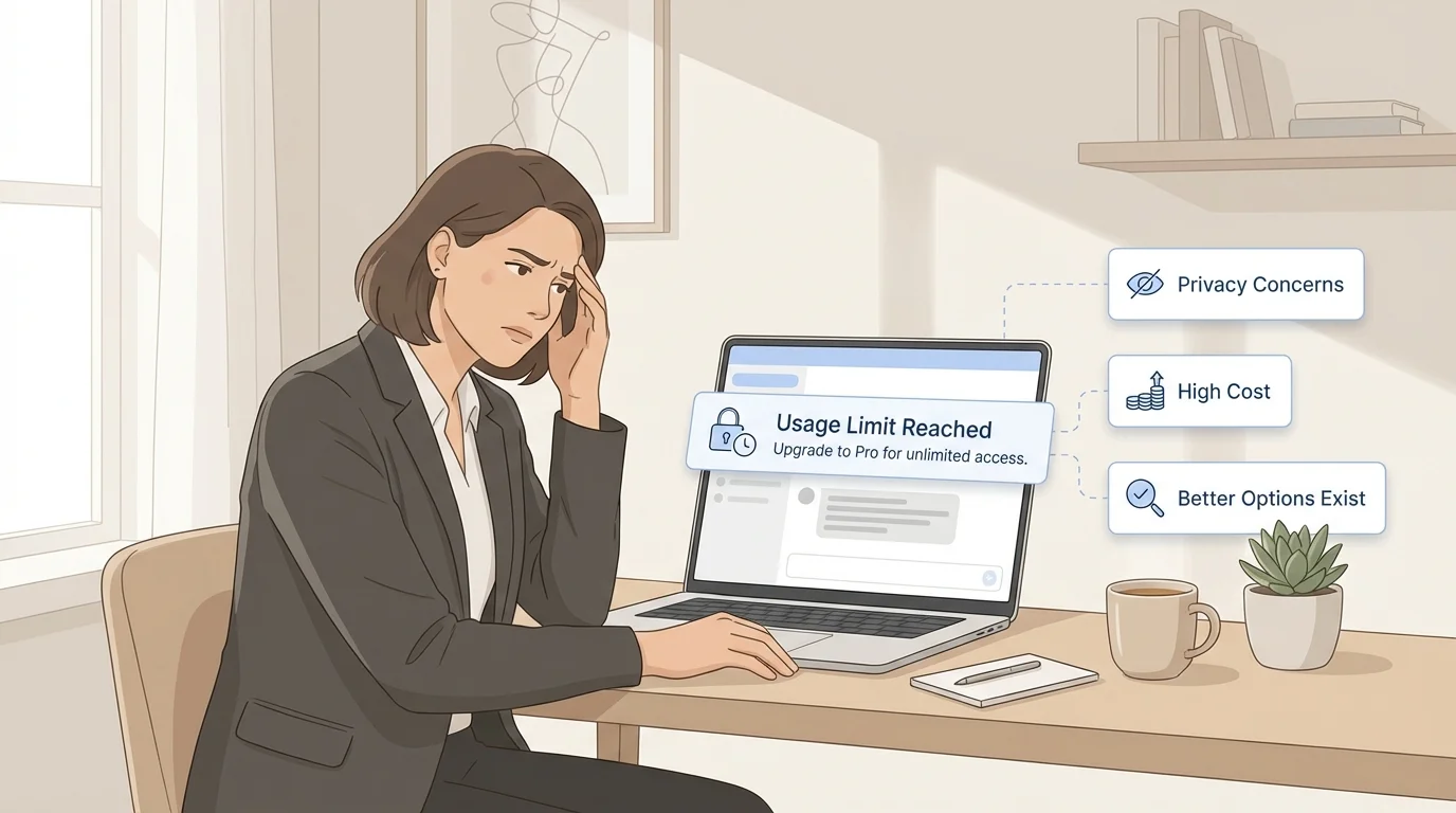 An illustration of a frustrated professional woman at her desk looking at a laptop screen that displays a 'Usage Limit Reached' notification. Floating callouts highlight reasons to seek ChatGPT alternatives: Privacy Concerns, High Cost, and Better Options Exist.