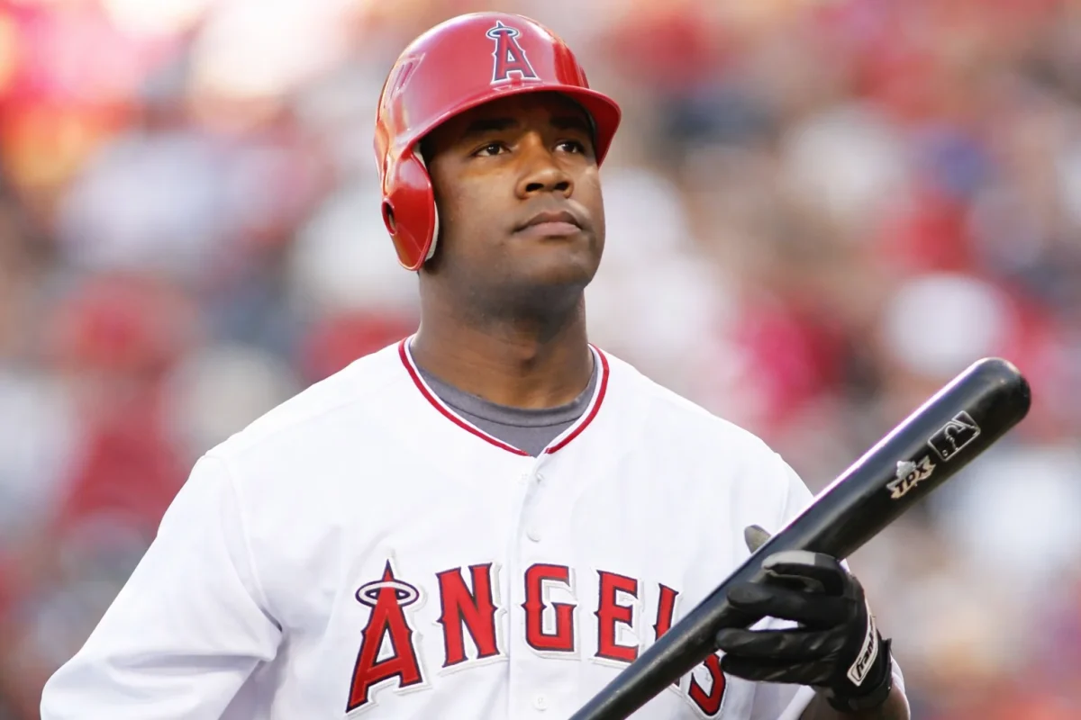 Garret Anderson, the Los Angeles Angels' all-time hits leader and 2002 World Series champion, in his signature batting stance.