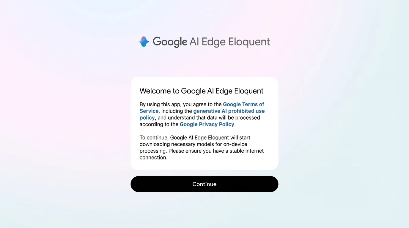 A smartphone interface of the Google AI Edge Eloquent app showing a clean transcription being polished into professional text with filler words like "um" and "ah" removed.