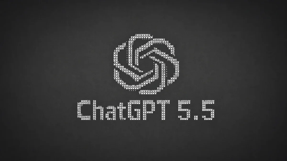 Minimalist dark background featuring the ChatGPT logo and "ChatGPT 5.5" text rendered in a white, digital-style dot matrix or ASCII-inspired font.