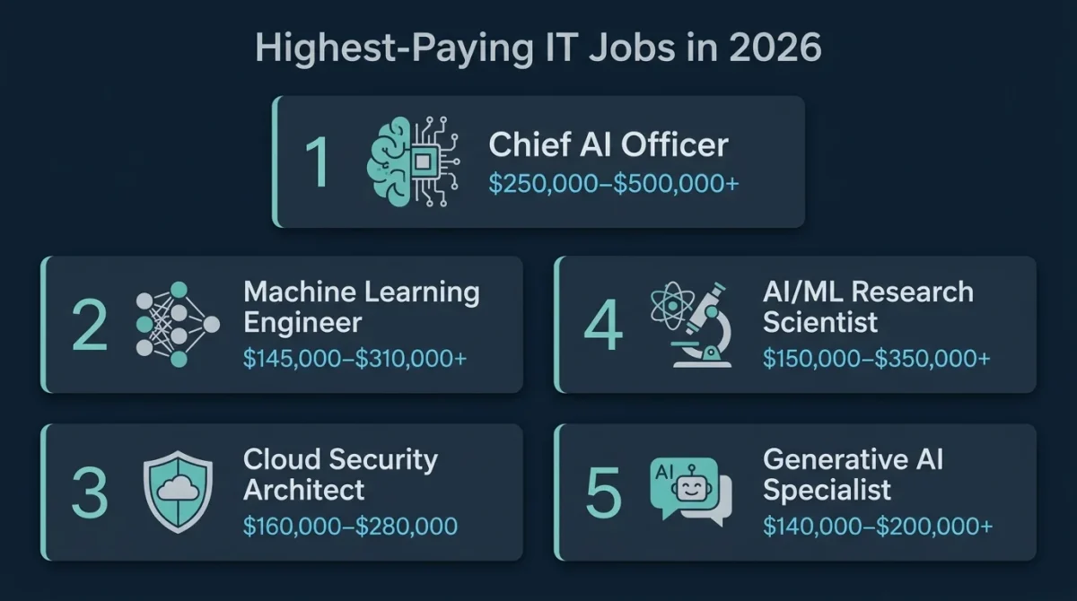 A professional list of high-paying Information Technology Jobs for 2026, featuring roles like AI Engineer, Cloud Architect, and Cybersecurity Analyst with current salary trends.