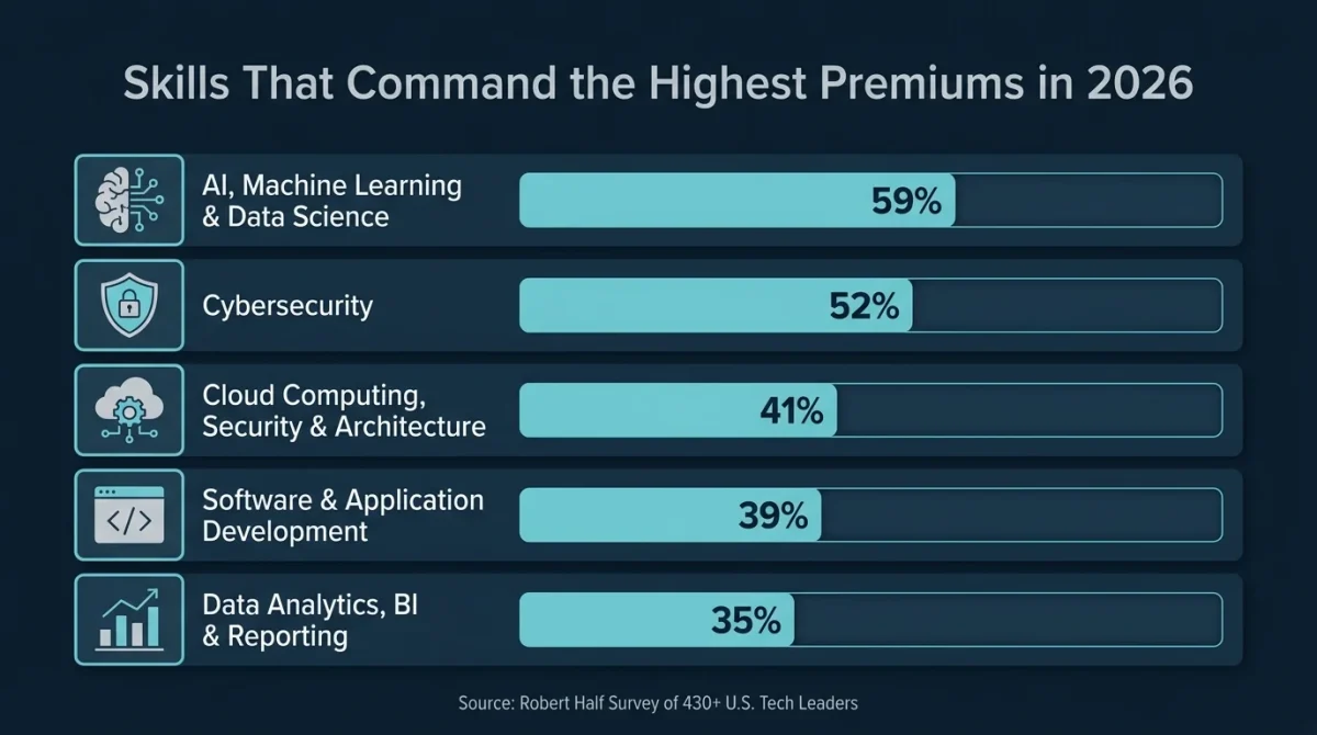An infographic based on a survey of 430+ tech leaders showing the skills that command the highest premiums for Information Technology Jobs in 2026, including AI, Machine Learning, and Cybersecurity.