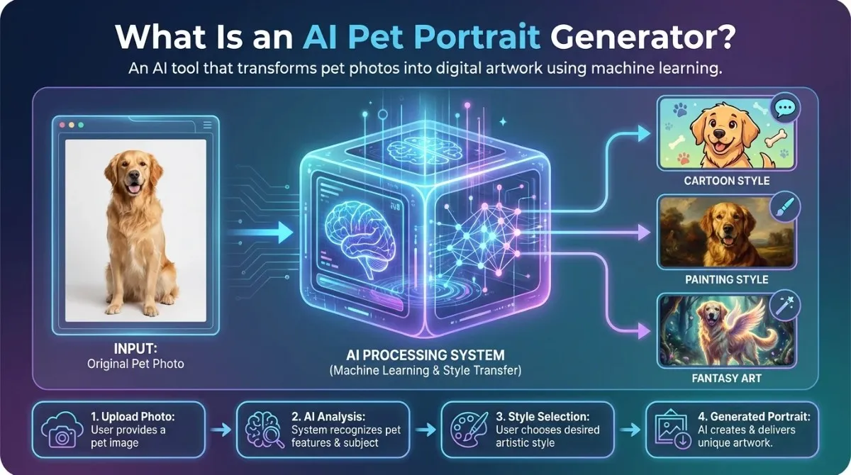 A technical infographic explaining the AI pet portrait generator process, showing the journey from an original Golden Retriever photo through an AI processing system to cartoon, painting, and fantasy art styles.