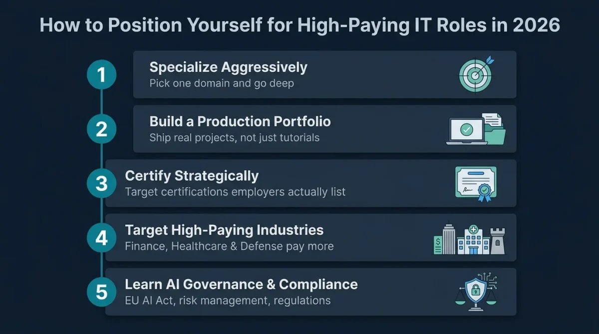 A 5-step infographic guide on how to position yourself for high-paying Information Technology Jobs in 2026, featuring specialization, portfolio building, and AI governance.