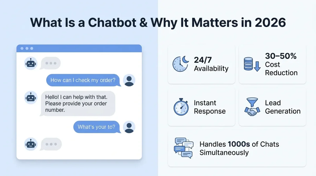 Infographic titled 'What Is a Chatbot & Why It Matters in 2026' showing a chatbot interaction and how to make a chatbot benefits like 24/7 Availability, Instant Response, and Cost Reduction.