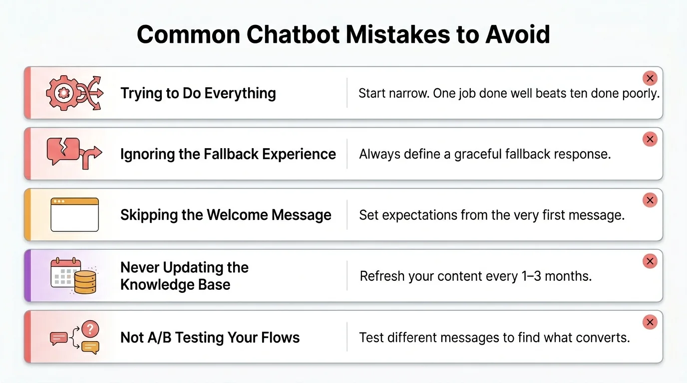 An educational infographic titled "Common Chatbot Mistakes to Avoid" detailing five specific pitfalls when learning how to make a chatbot. It covers "Trying to Do Everything," "Ignoring the Fallback Experience," "Skipping the Welcome Message," "Never Updating the Knowledge Base," and "Not A/B Testing Your Flows," along with solutions for each.