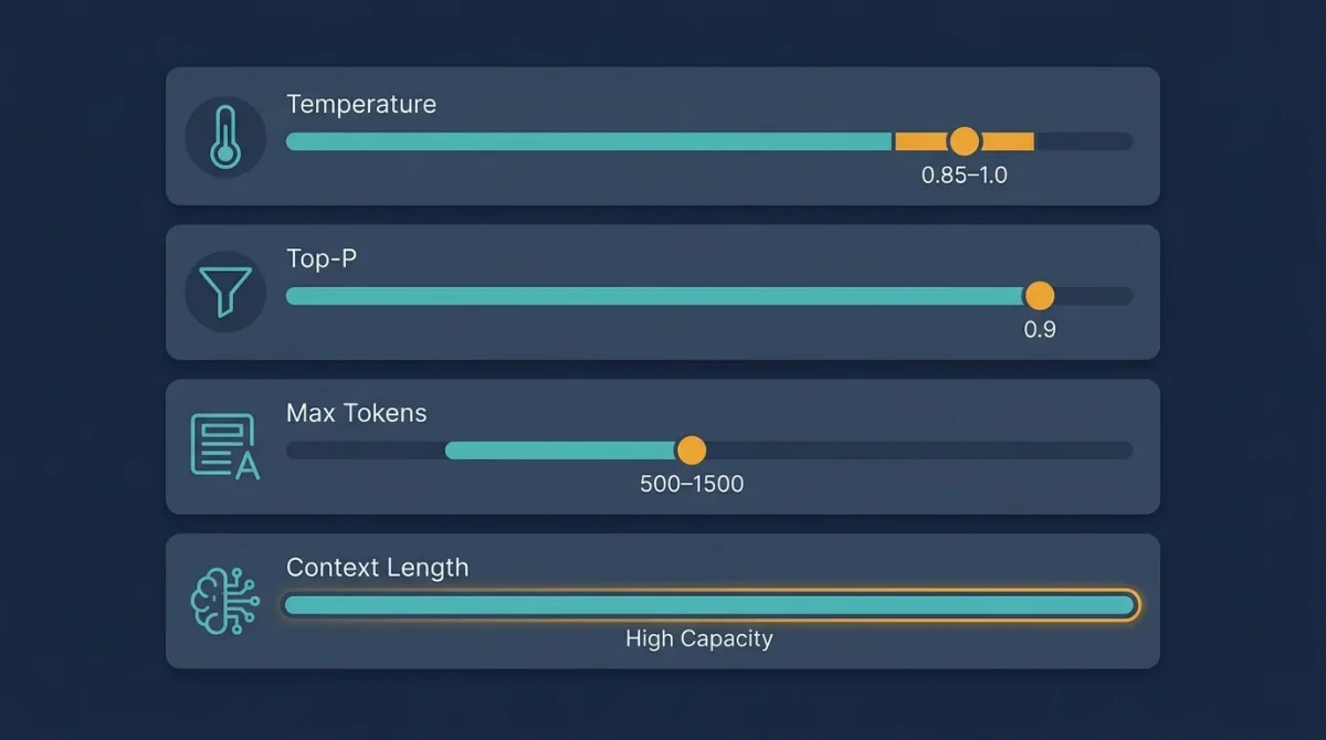 An infographic showing four optimized slider settings for how to set up DeepSeek on Janitor AI: Temperature set between 0.85 and 1.0, Top-P at 0.9, Max Tokens between 500 and 1500, and Context Length set to High Capacity. Each setting includes a corresponding icon (thermometer, filter, document, and brain).