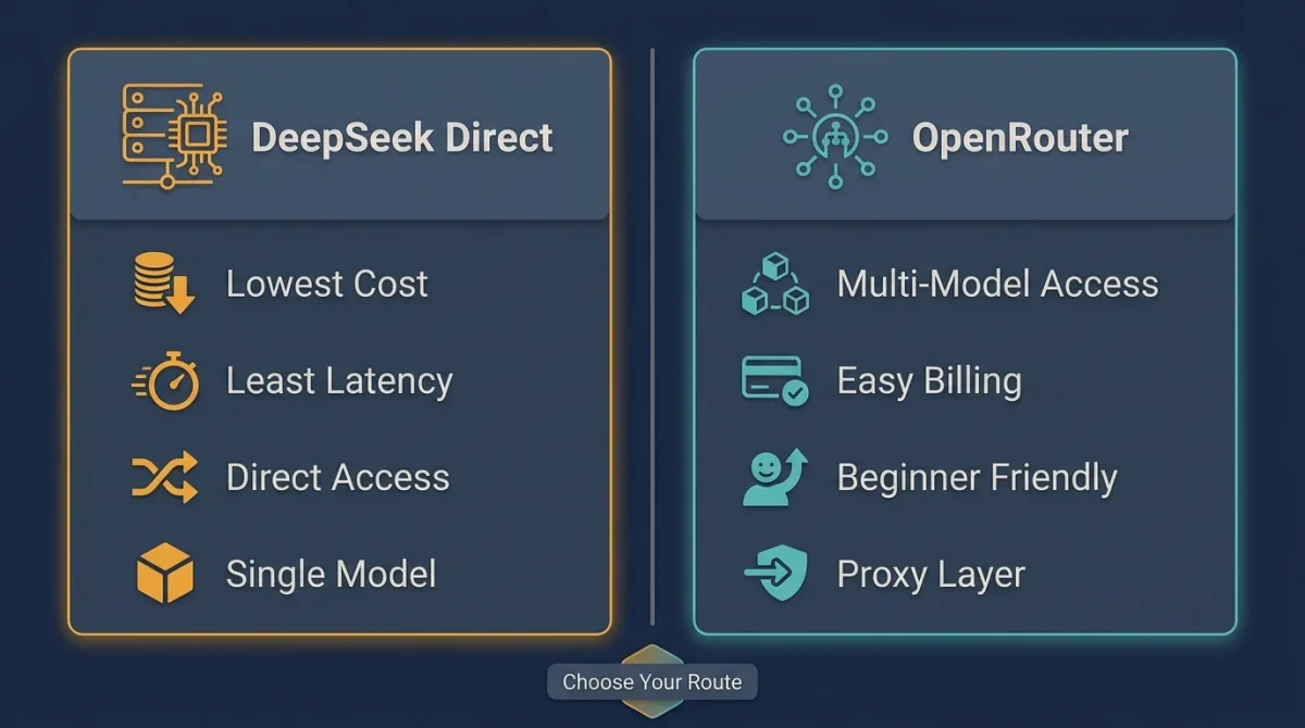 A comparison infographic for how to set up DeepSeek on Janitor AI, titled "Choose Your Route." The left side shows "DeepSeek Direct" with benefits: Lowest Cost, Least Latency, Direct Access, and Single Model. The right side shows "OpenRouter" with benefits: Multi-Model Access, Easy Billing, Beginner Friendly, and Proxy Layer.