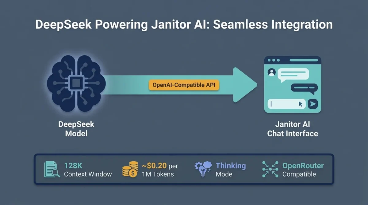 A technical infographic titled "DeepSeek Powering Janitor AI: Seamless Integration." It features a central arrow labeled "OpenAI-Compatible API" how to set up DeepSeek on Janitor AI Chat Interface. A bottom status bar lists key features: 128K Context Window, ~$0.20 per 1M Tokens, Thinking Mode, and OpenRouter Compatibility.