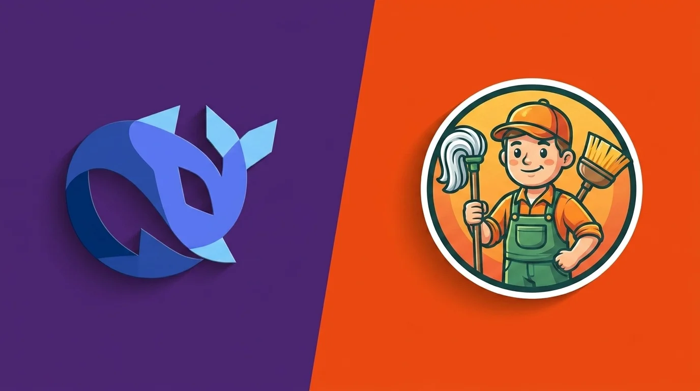 A split-screen graphic showing the DeepSeek logo (a blue stylized whale/abstract 'd' shape) on a purple background on the left, and the Janitor AI mascot (a friendly cartoon janitor holding a mop and broom in an orange circle) on the right. The image represents the integration of how to set up DeepSeek on Janitor AI interface.