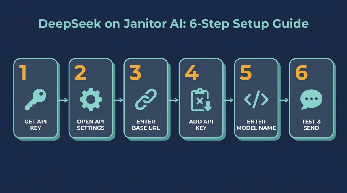 A 6-step infographic titled "how to set up deepseek on janitor ai : 6-Step Setup Guide." The steps are numbered 1 to 6 with icons: 1. Get API Key (key icon), 2. Open API Settings (gear icon), 3. Enter Base URL (link icon), 4. Add API Key (clipboard icon), 5. Enter Model Name (code icon), and 6. Test & Send (chat bubble icon).