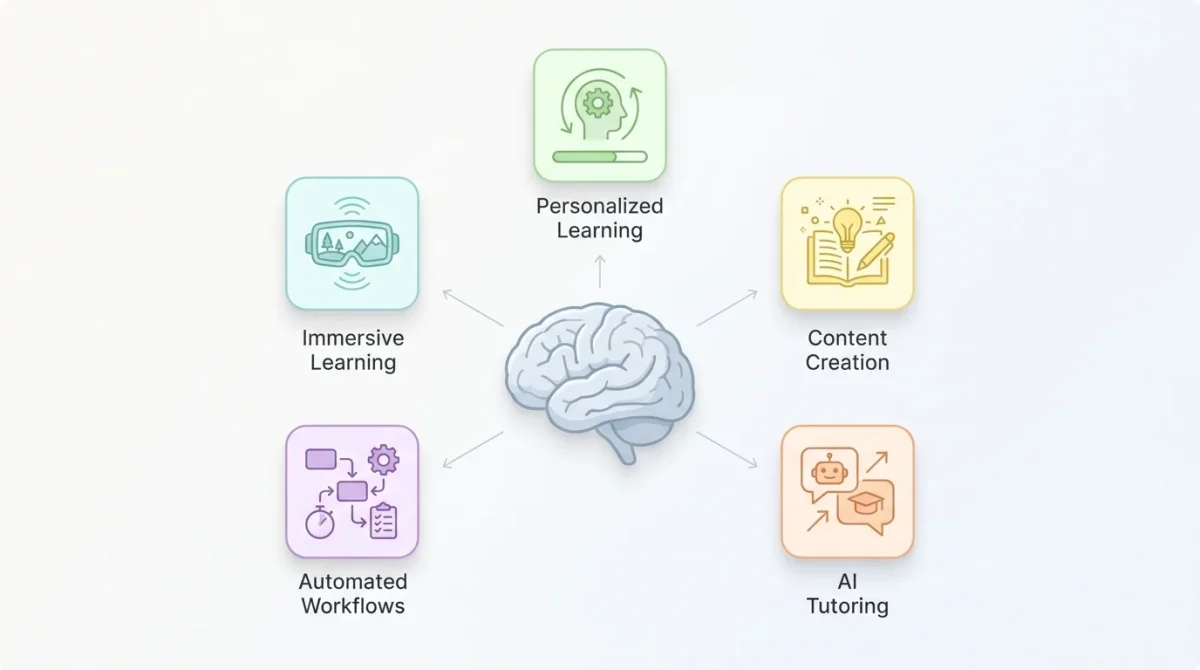 An educational infographic illustrating the benefits of instructional technology services, including personalized learning, immersive learning, automated workflows, AI tutoring, and content creation.