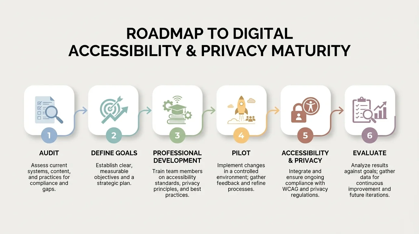 A strategic roadmap infographic for instructional technology services, outlining six steps: Audit, Define Goals, Professional Development, Pilot, Accessibility & Privacy, and Evaluate.
