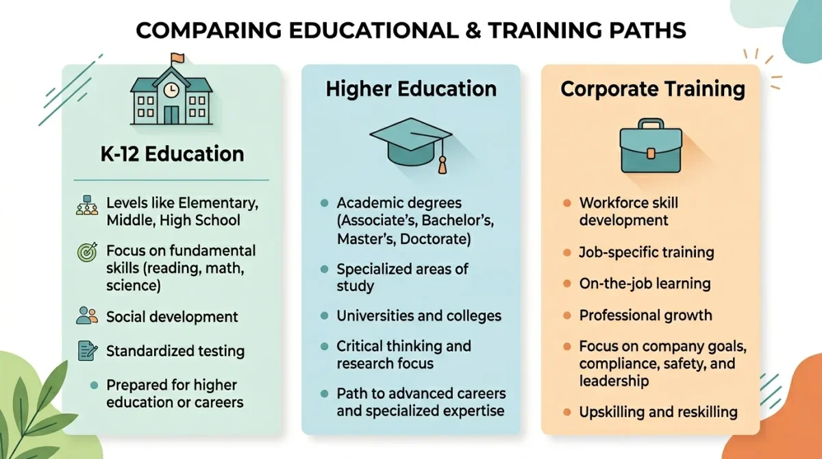 A comparison infographic highlighting how instructional technology services support K-12 education, higher education, and corporate training through specialized learning paths and skill development.