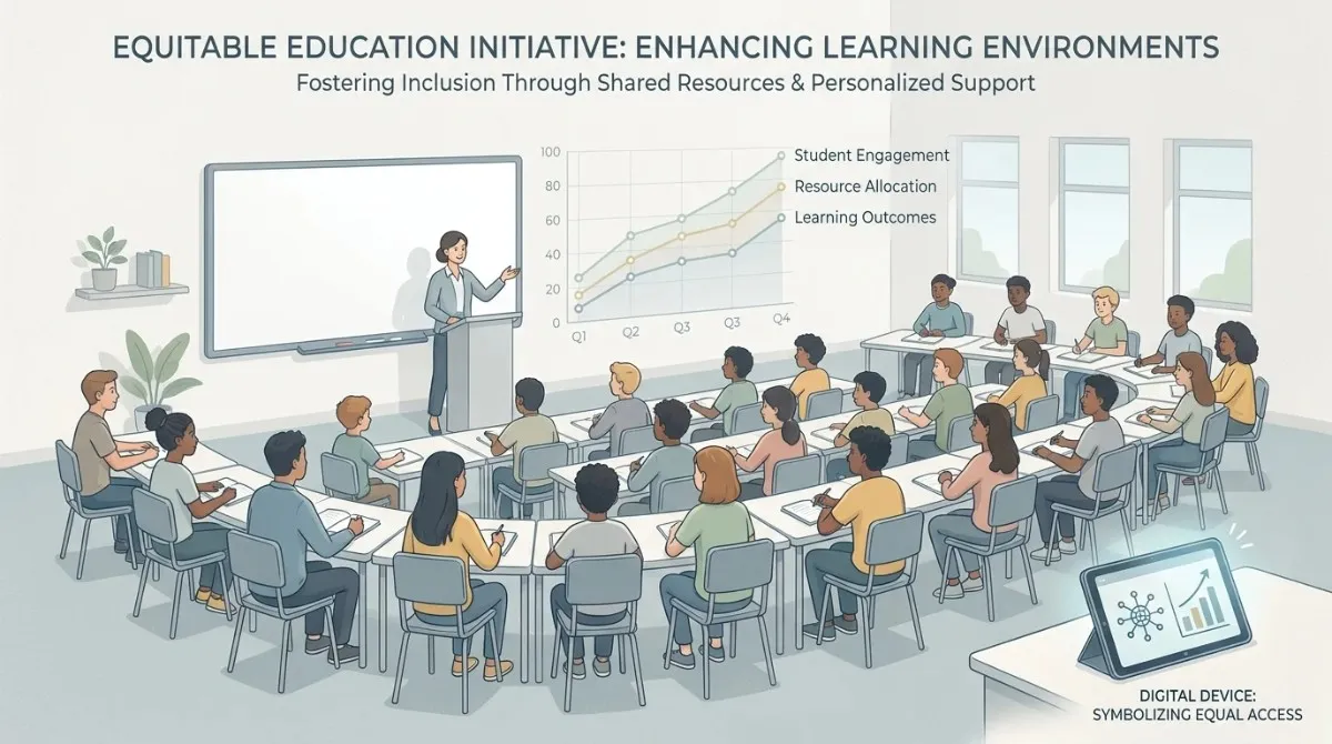 An illustration of a diverse classroom utilizing instructional technology services to enhance student engagement and resource allocation for equitable education.