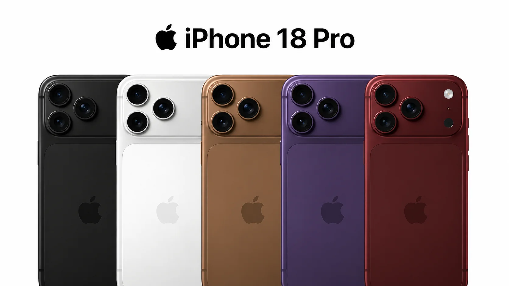 Apple iPhone 18 Pro Max concept showing multiple color variants of the device in a 16:9 layout with a triple camera system on the back.