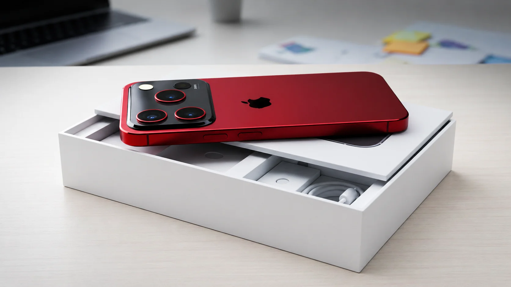 Red iPhone 18 Pro Max concept device placed on a white retail box on a desk, shown in a clean 16:9 product photography style with a blurred modern background.