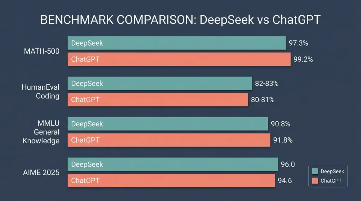 A comparison infographic titled "Is DeepSeek Better Than ChatGPT?" showing benchmark scores for DeepSeek-V3.2 vs. GPT-5.4. It highlights DeepSeek leading in AIME 2025 (96.0) and HumanEval (91.4%), while ChatGPT wins in multimodal tasks and general intelligence (Artificial Analysis score of 57 vs. 42). A bottom bar notes that DeepSeek is up to 35x cheaper for API users.