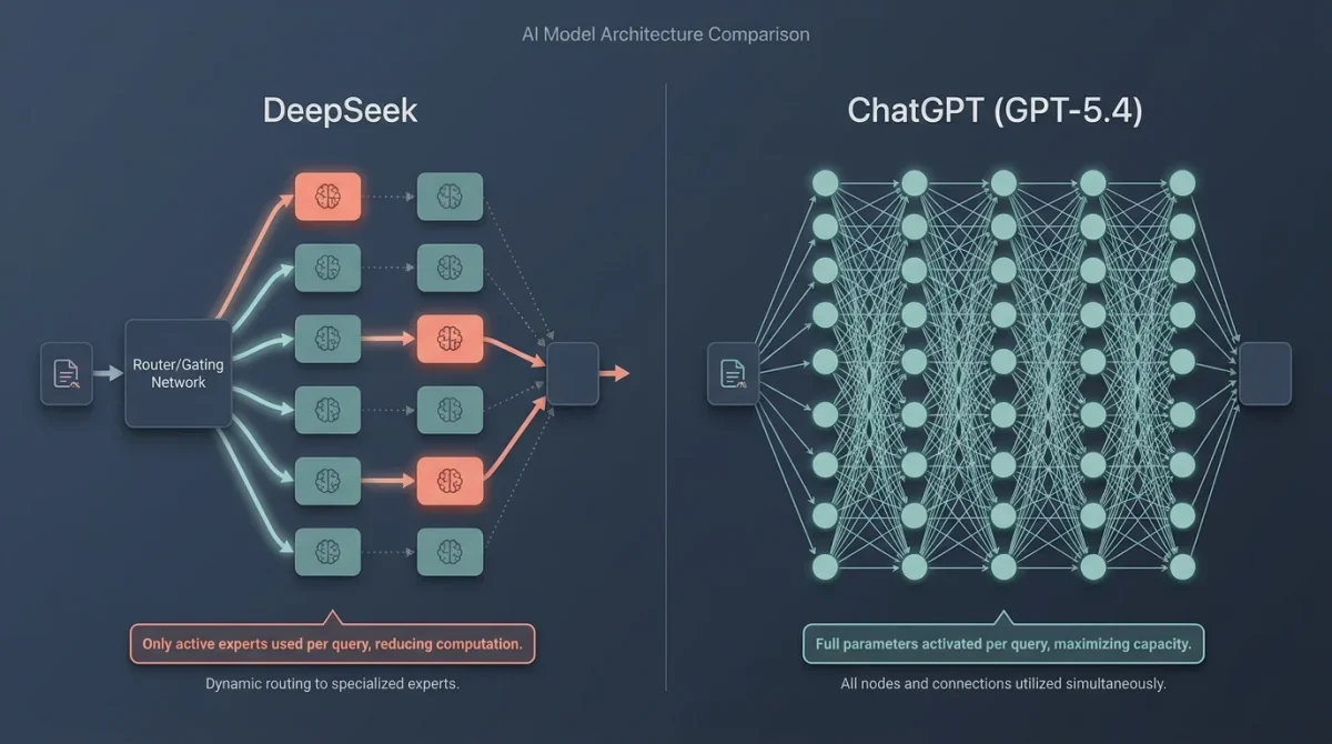 A comparison infographic titled "Is DeepSeek Better Than ChatGPT?" with two columns. The left side features DeepSeek (blue whale icon) with its Mixture-of-Experts (MoE) architecture, highlighting high efficiency and 37B active parameters per token. The right side features ChatGPT (green OpenAI icon) with a Dense architecture, highlighting its versatile general knowledge and 1.8T total parameters.