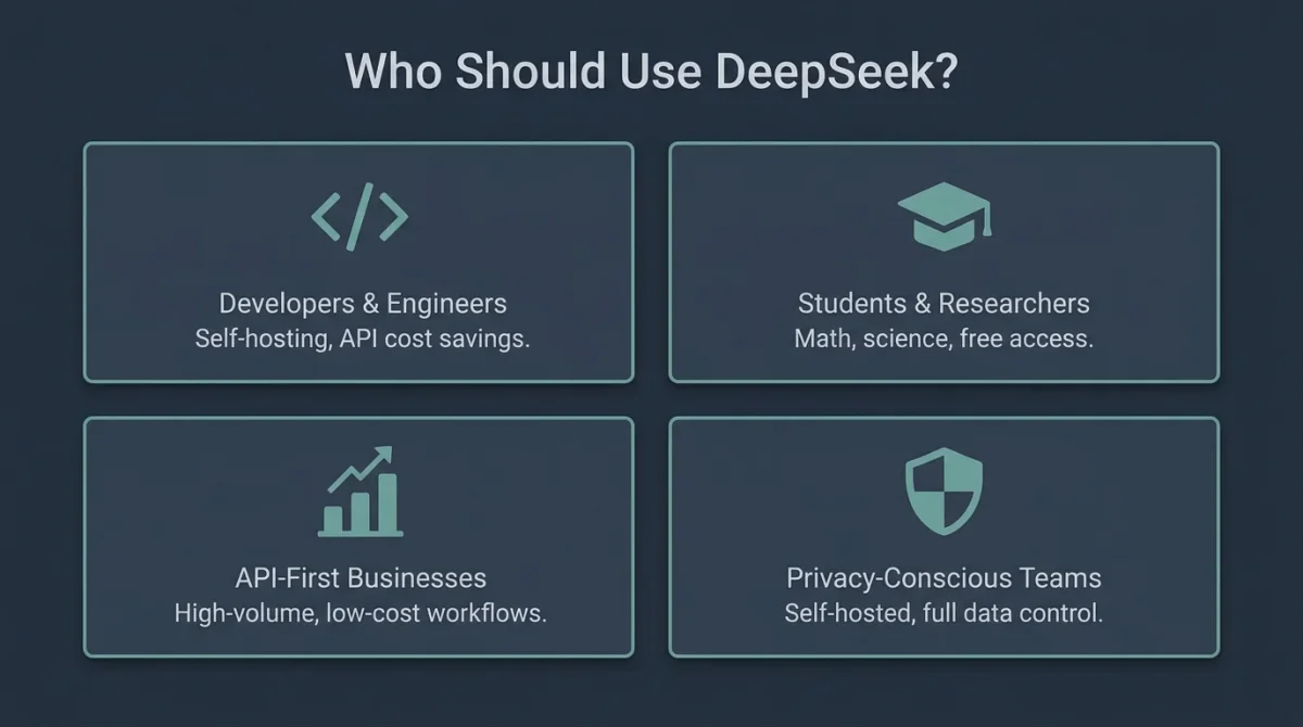 An infographic titled "Is DeepSeek Better Than ChatGPT? Who Should Use Which?" split into two columns. The "Use DeepSeek If..." column lists: Developers, Math & STEM Students, and Privacy-Conscious Users. The "Use ChatGPT If..." column lists: Content Creators, Business Teams, and Casual/Everyday Users. Icons for each group accompany the text.