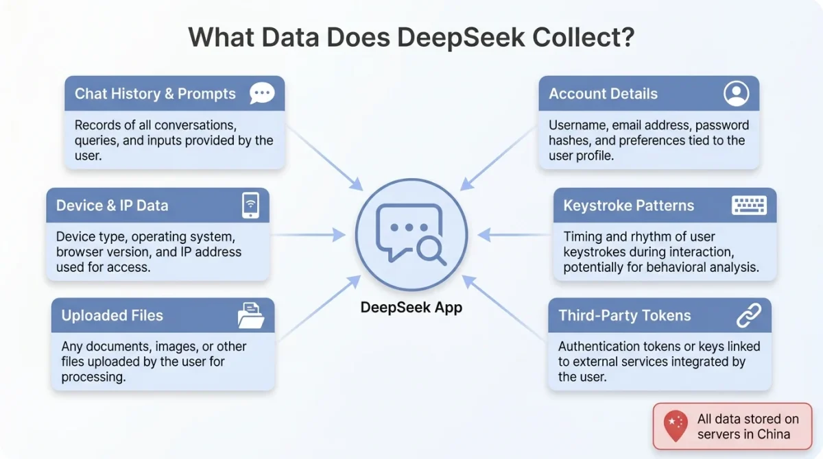 nfographic showing is DeepSeek safe data collection categories including chat history, account details, device data, keystroke patterns, and Chinese server storage locations.