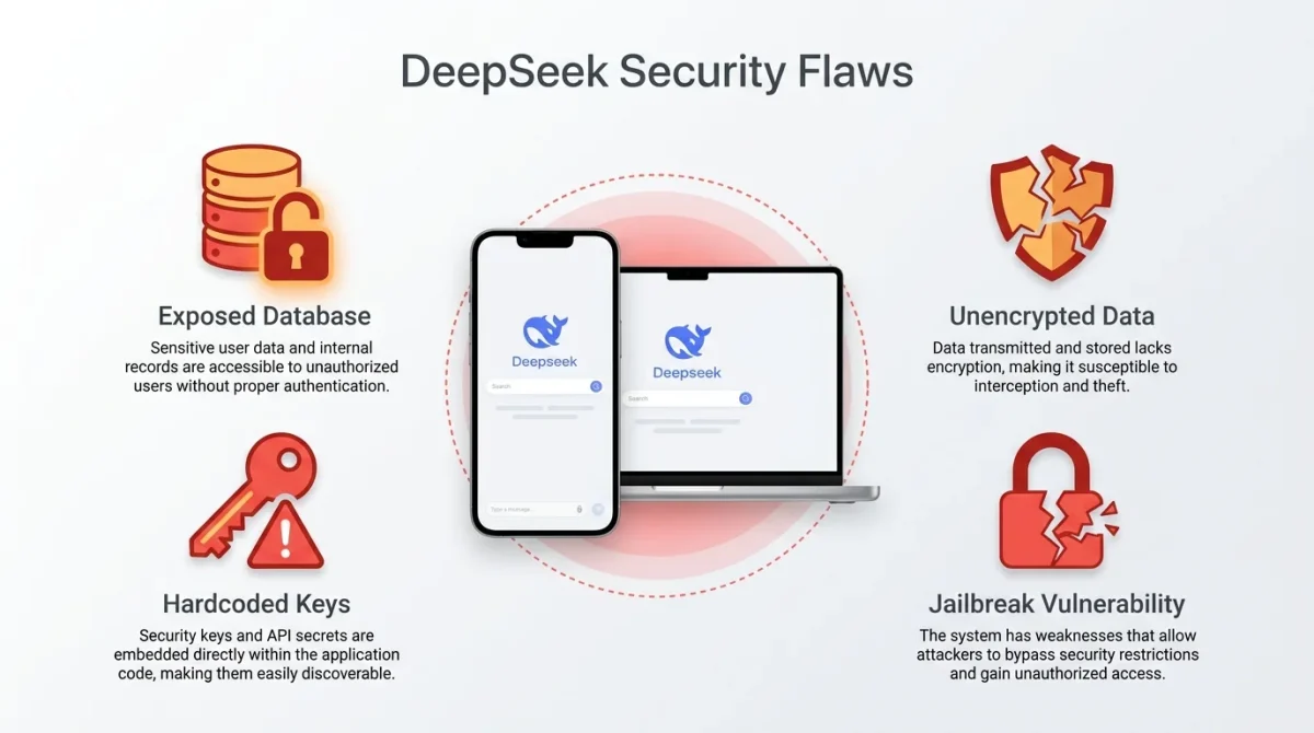 Diagram of is DeepSeek safe security flaws including exposed databases, unencrypted data transmission, hardcoded API keys in source code, and jailbreak vulnerabilities for bypassing restrictions.