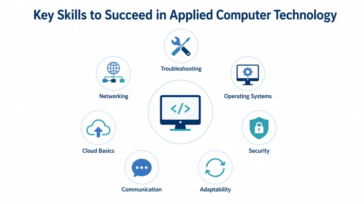 A circular infographic showcasing the key skills required for success in Applied Computer Technology, including troubleshooting, networking, and cloud basics.
